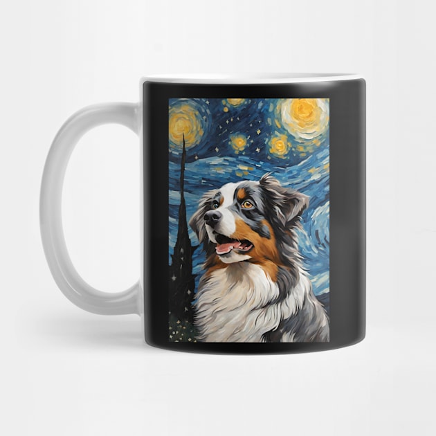 Adorable Australian Shepherd Dog Breed Painting in a Van Gogh Starry Night Art Style by Art-Jiyuu